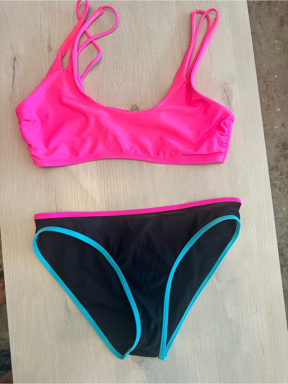 Women’s Neon Pink Bikini Set with Black & Turquoise Trim
